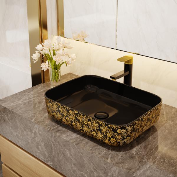 Custom Square Black Golden Art Deco Pedestal Basin 500*380*130mm