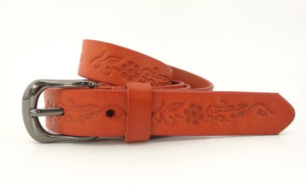 Orange Fashional Embossing Custom Carved Leather Belts With Flower Patterns