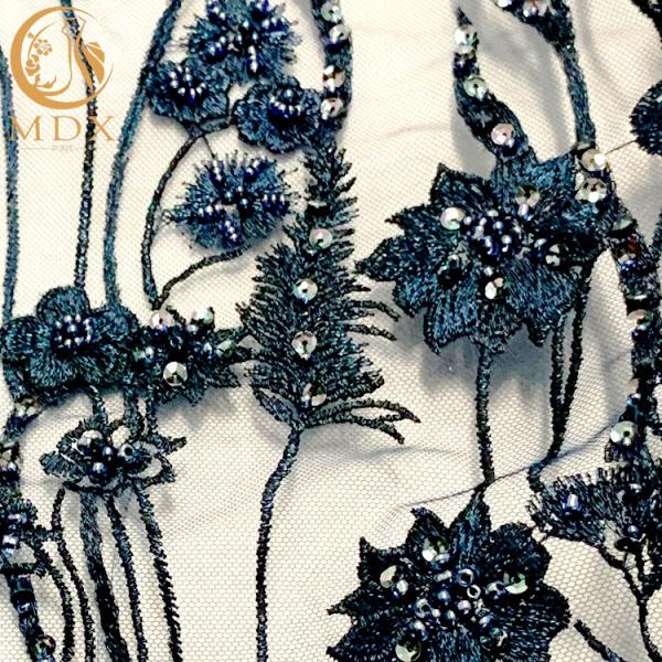 Navy Blue 3D Floral Embroidery Lace Fabric For Evening Party Dress