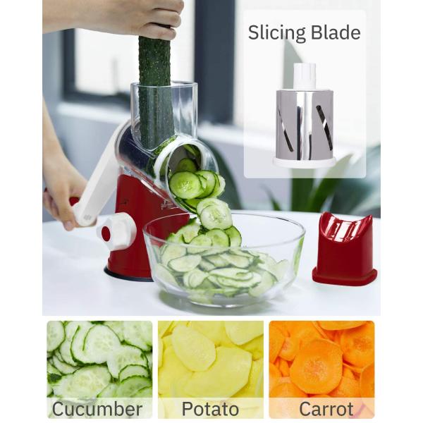 3 Drum Blades Stocked Rotary Cheese Grater for Manual Vegetable Slicer and Walnuts Grinder
