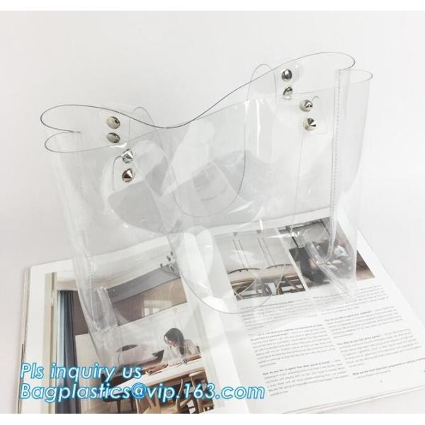 Tote Bags PVC Beach Lash Package Tote Shoulder Bag with Interior Pocket, Waterproof Semi-clear Tote Bags Stripe PVC Shou