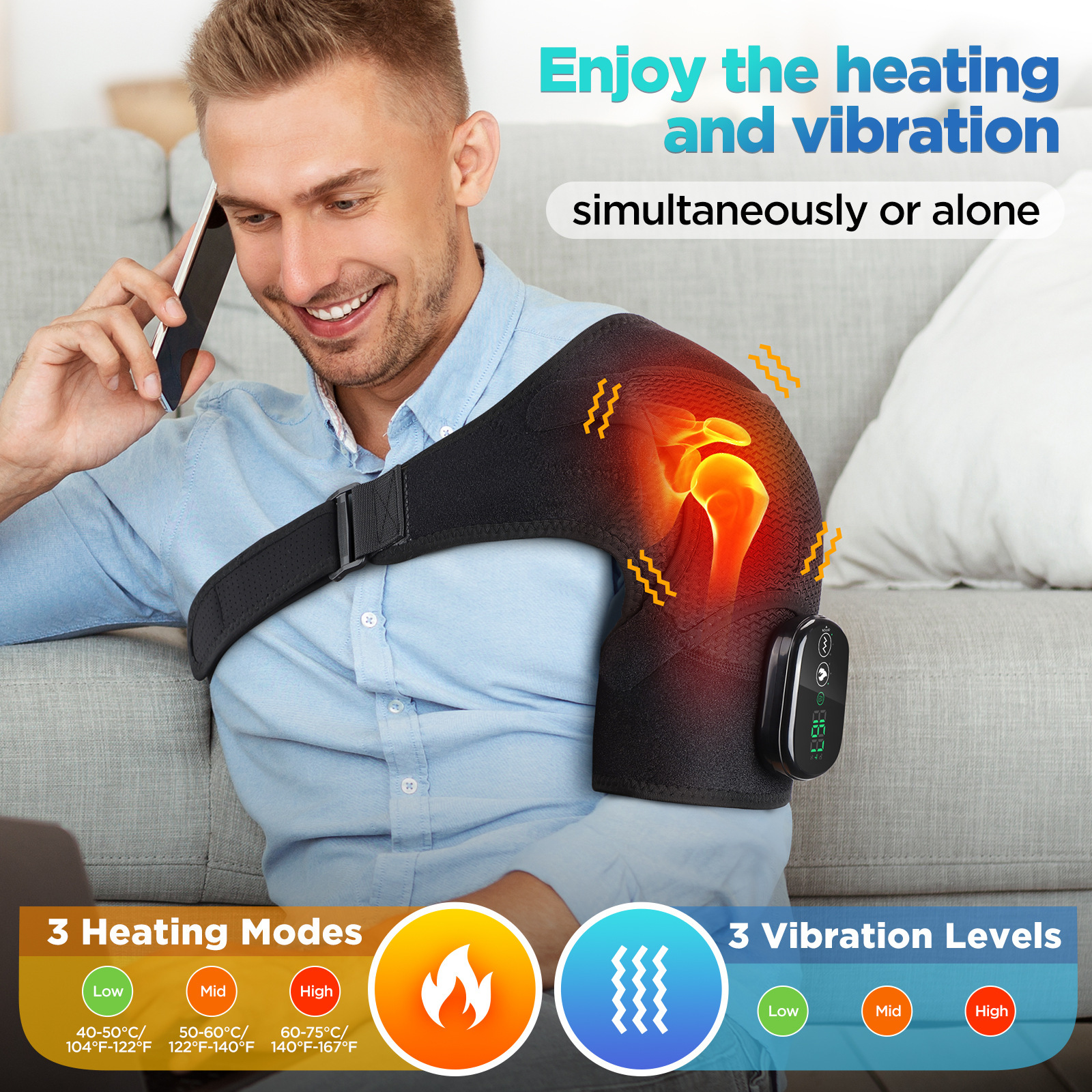 Heating Massage Shoulder Strap with 45°C-75°C Levels, 5000mAh Battery, and Neoprene Rubber Material