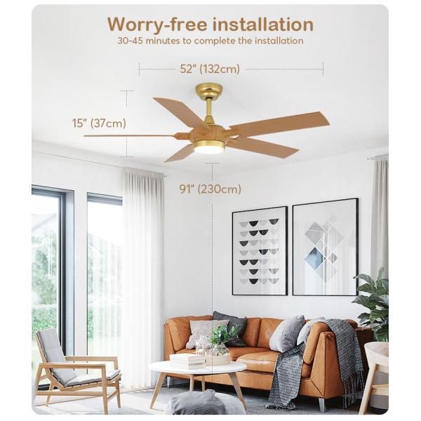 1stshine Ventilador de teto LED com acabamento remoto de grãos de madeira 5 lâminas Logotipo 1stshine / OEM Logotipo