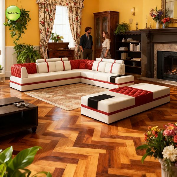 Leather Sectional: Contrast Stitching, Plush Seating – Transform Home into a Sophisticated Retreat