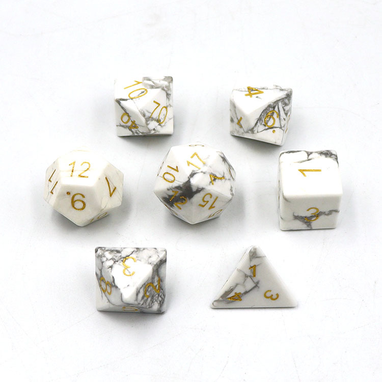 Natural Howlite Gemstone Polyhedral Dice Set - Hand Carved DND Dice with Golden Ink Engraved Numbers