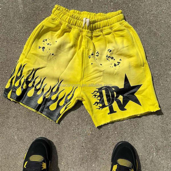 Blue Black Acid Wash Shorts Yellow Drawstring Closure Graphic Print Cotton French Terry Streetwear Shorts Men