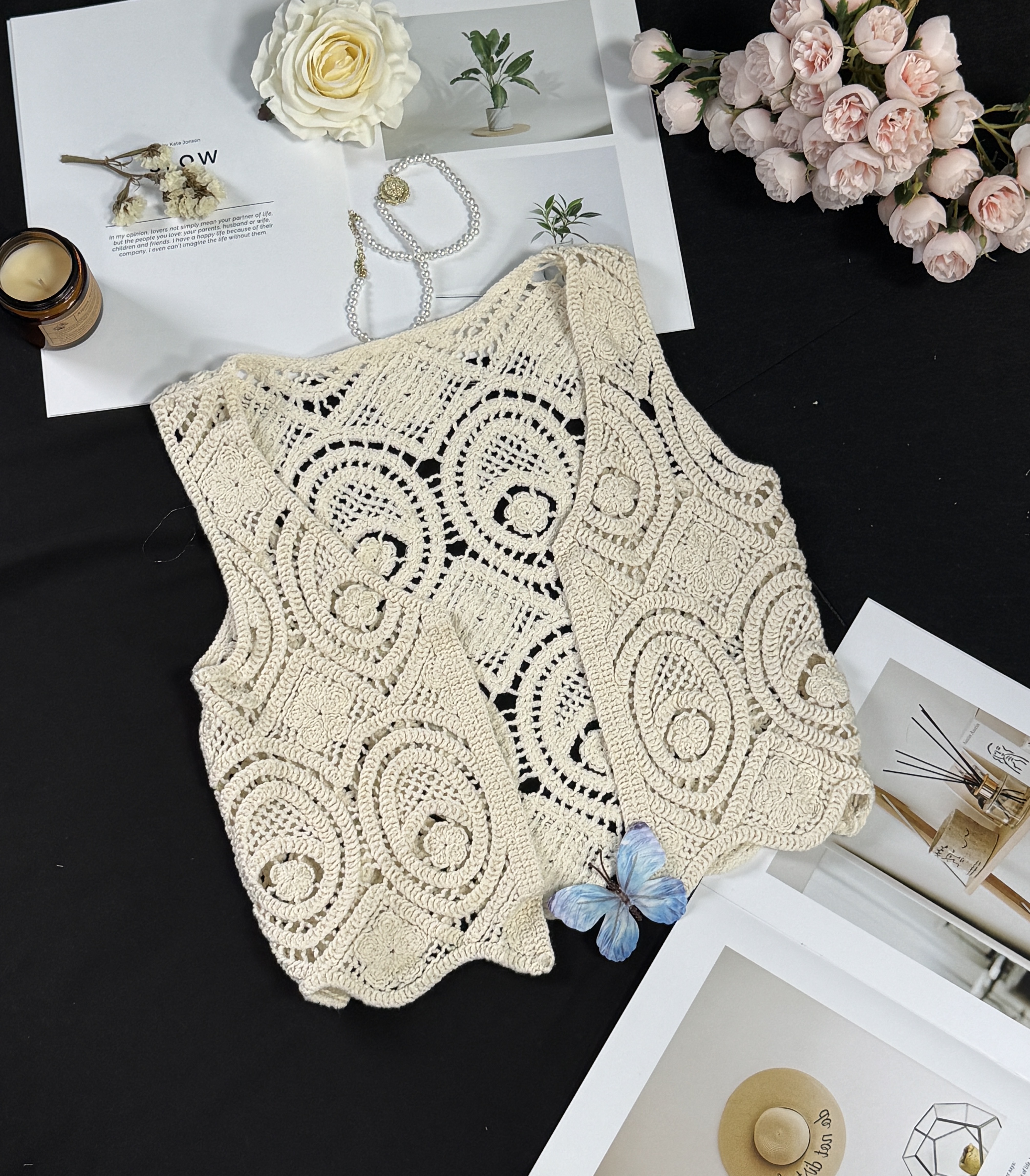 Bohemian lace knit vest retro hollow knit V-neck sleeveless camisole tank top