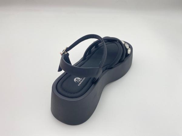 Women black bottomed sandals with rhinestone genuine leather in summer
