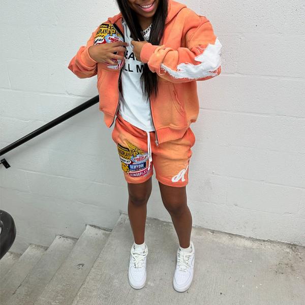 Custom Distressed Embroidery Patch Hoodie Vintage Acid Wash 2 Piece Women Summer Suits Jogging Cropped Hoodie and Short Set