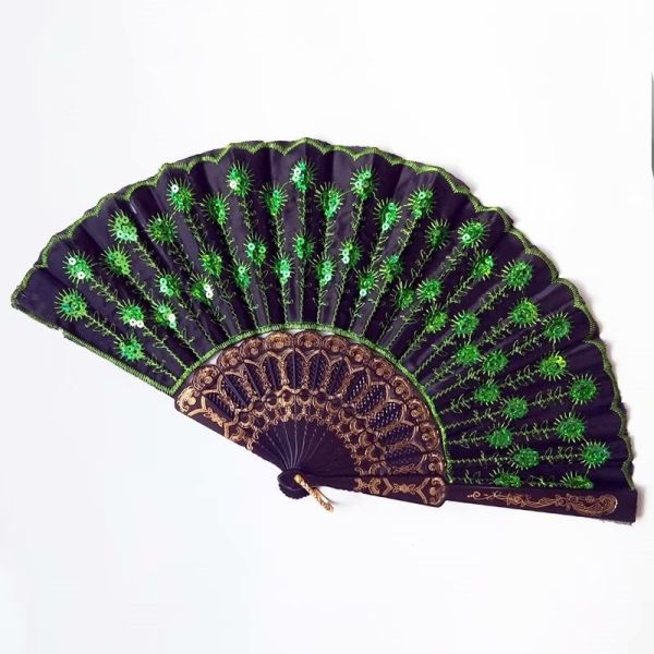 Hot Selling Foldable Hand Held Fan Black Plastic Embroidery Sequin Hand Fan