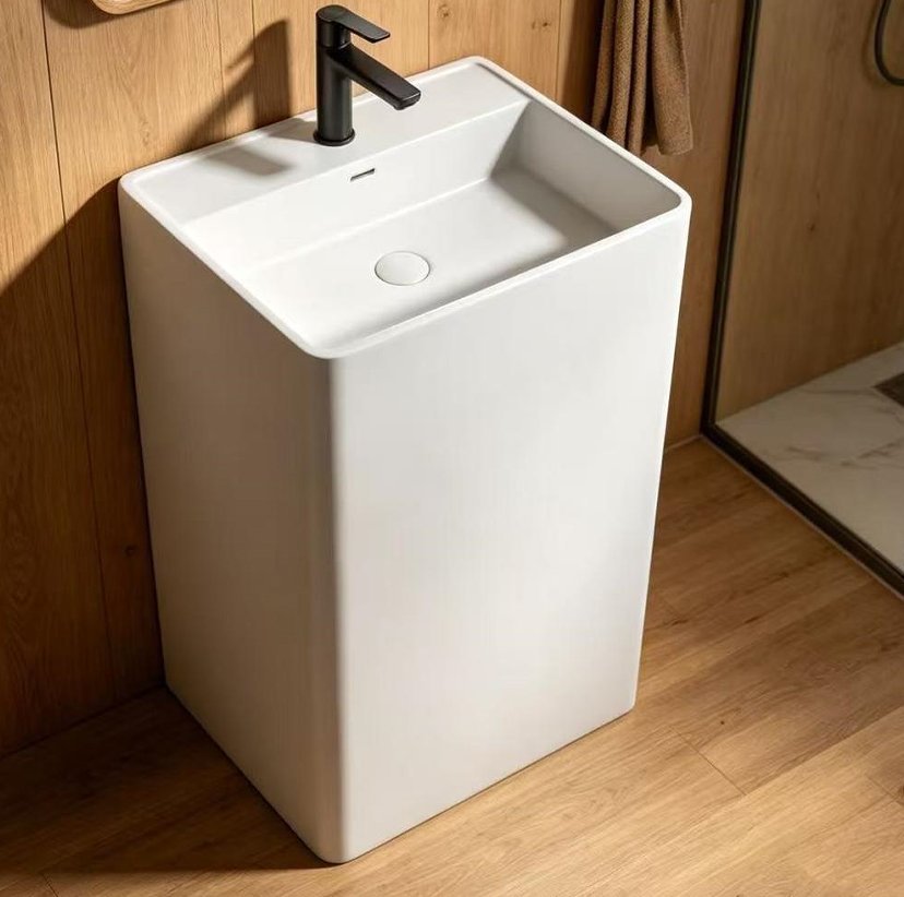 Deep Rectangular Marble Pedestal Modern Sink Solid Surface Thick Edge Wash Basin