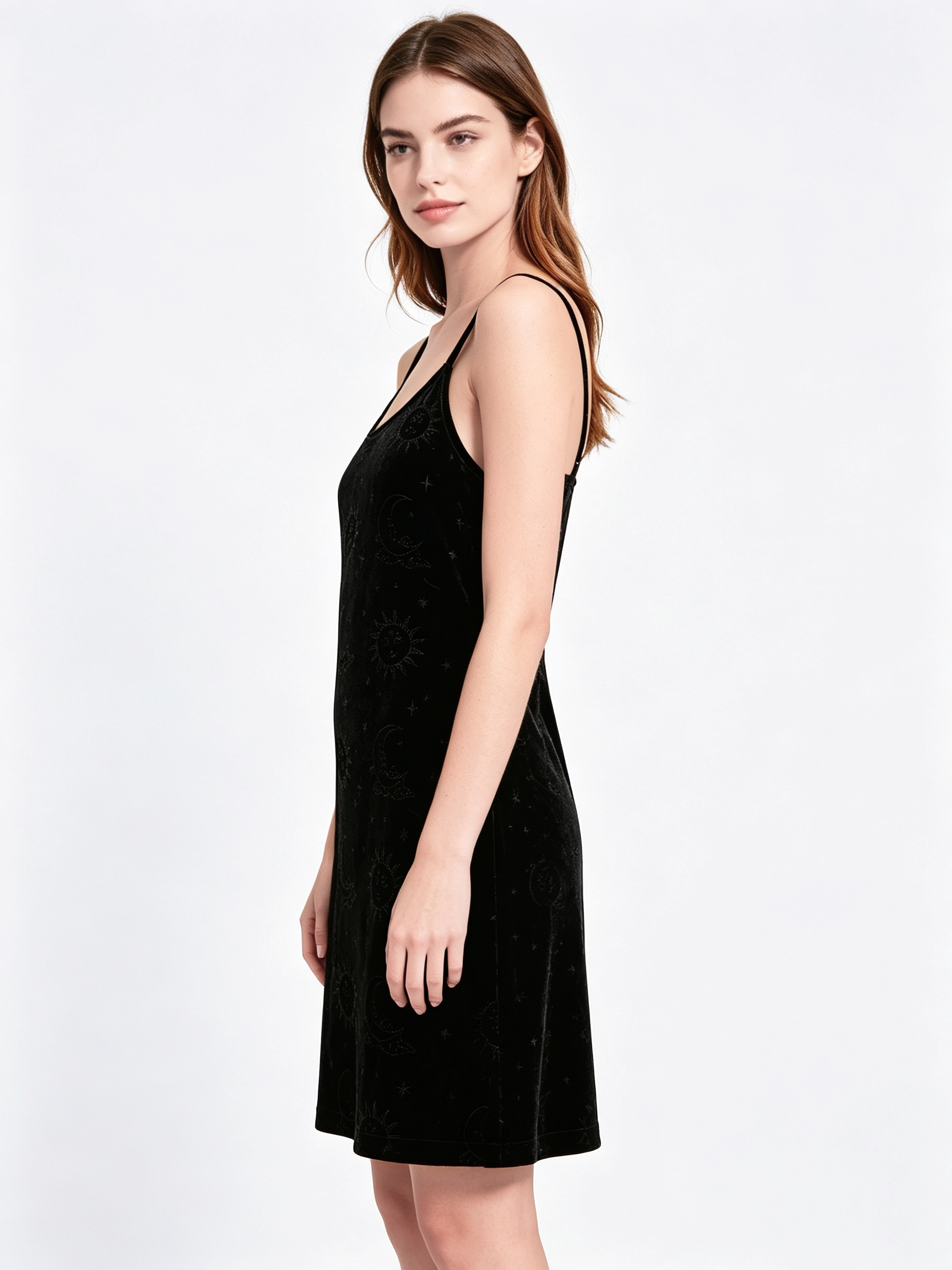 Black Velvet Slip Dress with Celestial Embossed