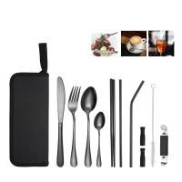 Ensemble de couverts de voyage en acier inoxydable portable, réutilisable avec boîtier pour fixer la vaisselle 11 pièces