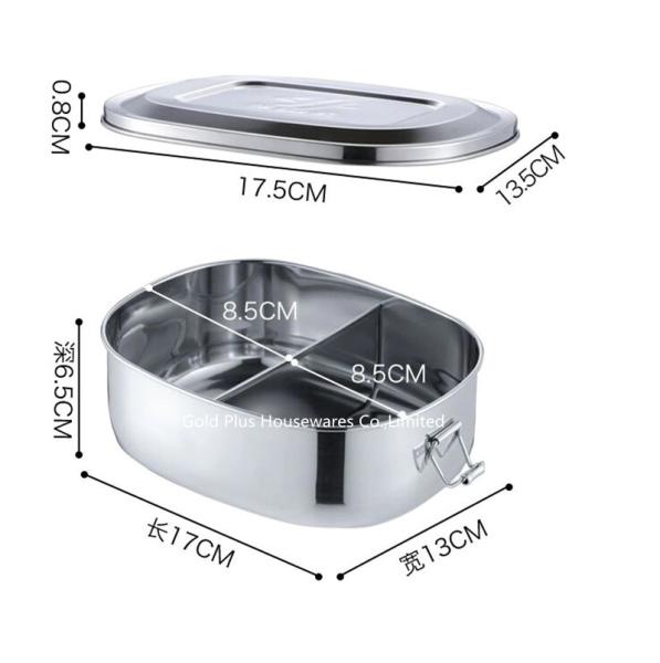 900ml Freshness preservation stainless steel food container rectangle lunch box with two dividers