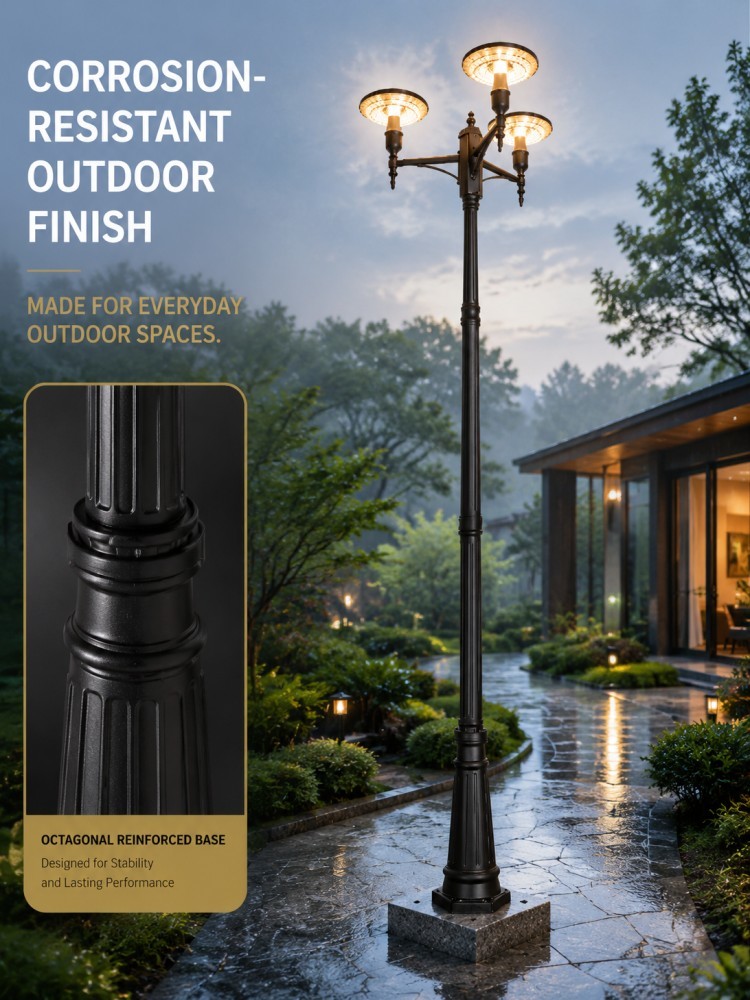 15W Triple Head Round Solar Garden Lamp Post IP65 Aluminum Outdoor Pole Light for Parks Pathways