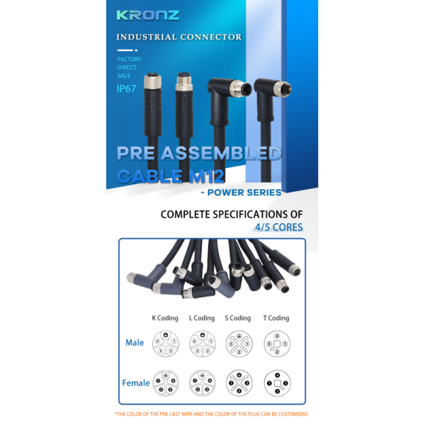 M12 male bent pre cast connector T-CODE IP67 Suitable for automated sensors