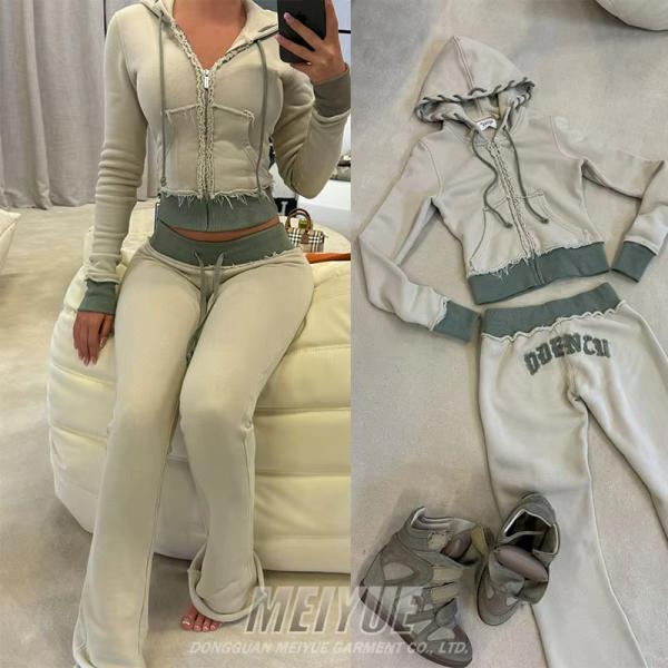 Custom Embroidery Distressed Crop Top Hoodie Joggers Set Womens Two Piece Set