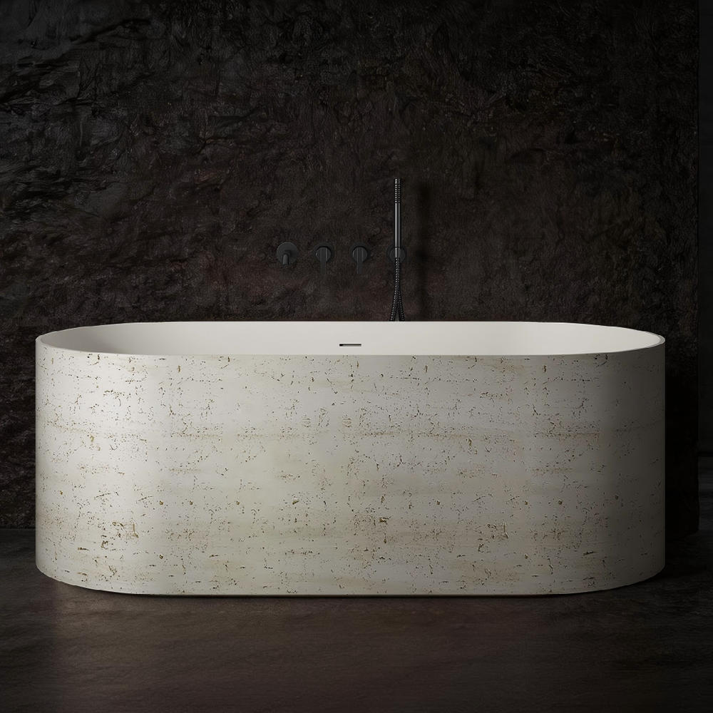 Travertine Stone Texture Solid Surface Freestanding Tub 58 Floor Mounted