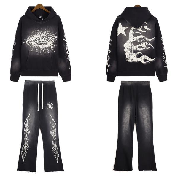 Custom Printing Tracksuit for Men 100% Cotton French Terry Hoodie and Flare Sweatpants Set