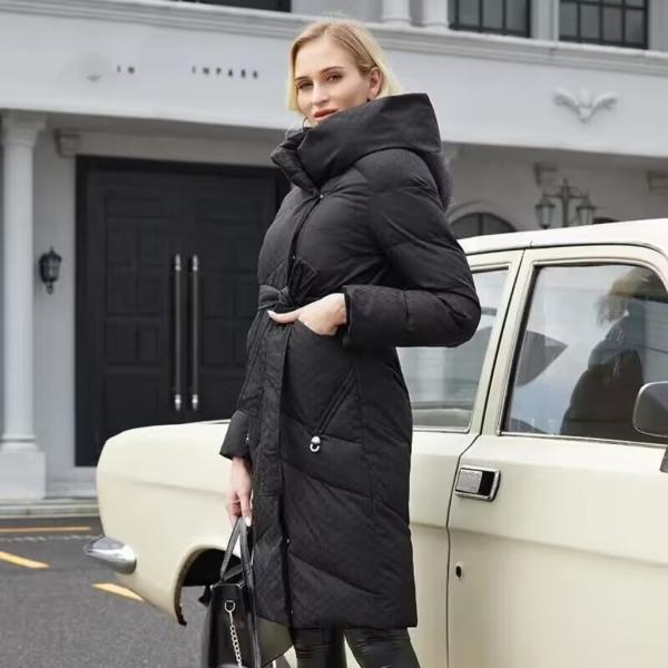                  Winter Long Thick Padded Coat Women Printed Fabric Coat Fashion Casual Belted Jacket             