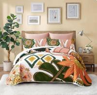 3-Piece Mid Century Modern Farmhouse Quilt Set with Botanical Print Reversible Bedspread Coverlet