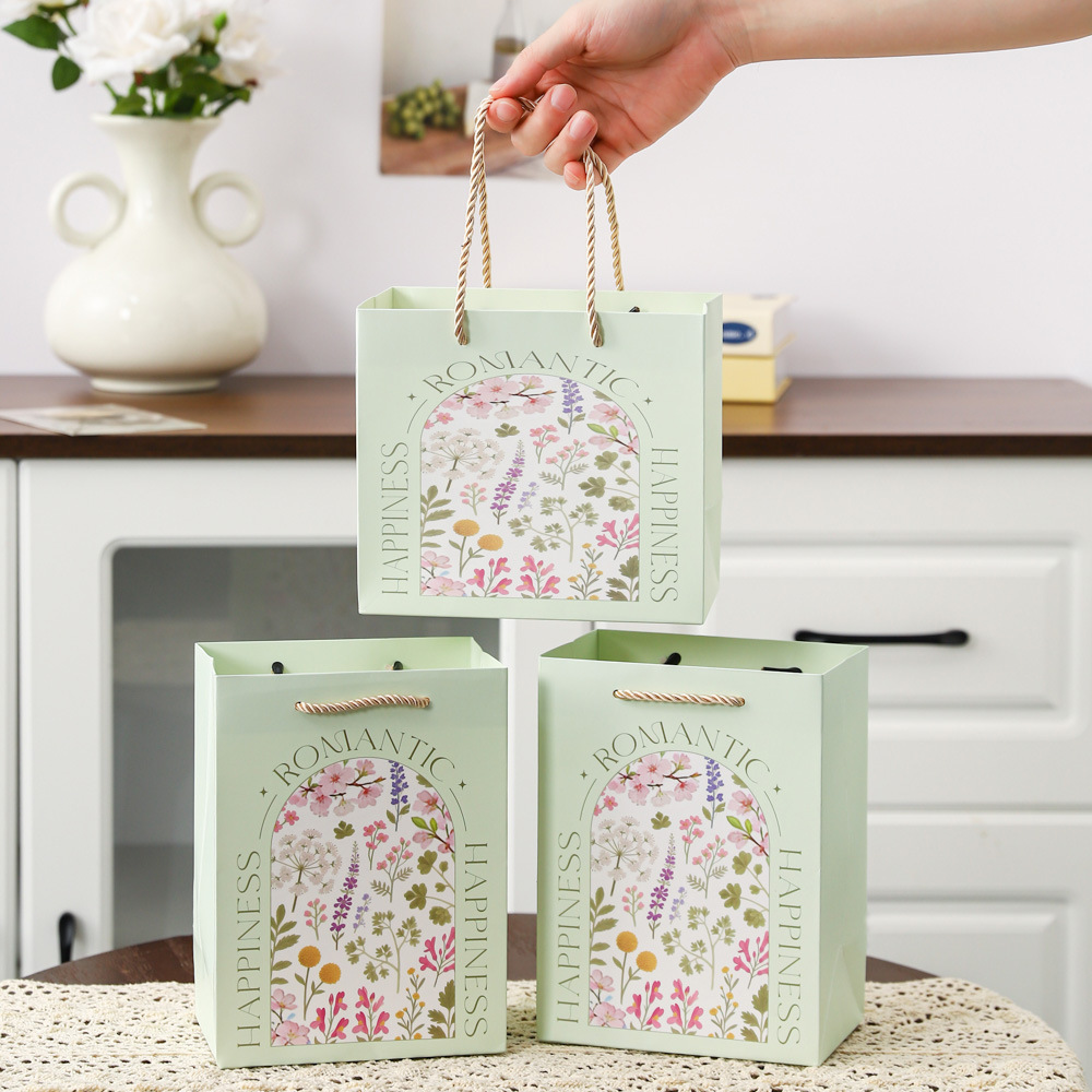 Floral Printed Paper Gift Bags with Rope Handles for Retail Packaging
