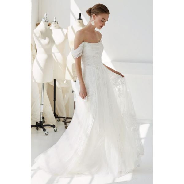 Romantic Layered Tull Illusion Back Applique Lace Zipper Detachable Cold-shoulder White Tulle A-line Bride Wedding Dress