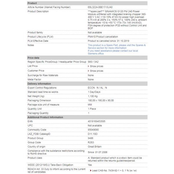 Модуль силы 6SL3224-0BE17-5UA0 SINAMICS G120 премьер-министра 240