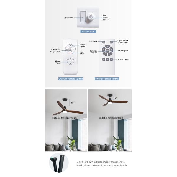 Indoor Remote Control 1500LM Solid Wood Ceiling Fan Light 120V 3000-5000K