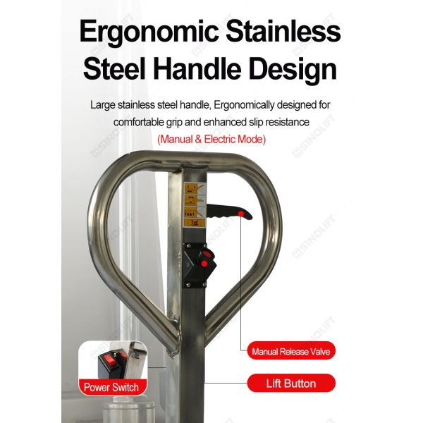 SINOLIFT EHLT15S-I Stainless Steel High Lift Hydraulic Pallet Truck | 304 Stainless Steel | 800mm Max Lift | Electric & Manual Mode | For Food, Chemical, Medical Industries