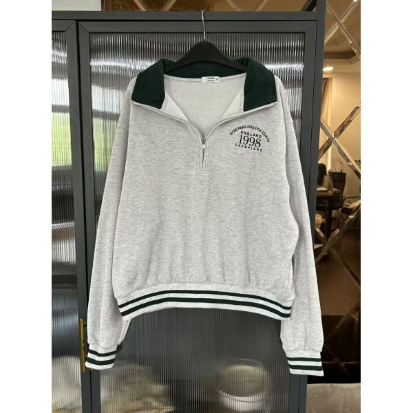 Sporty College Style Half Zip Sweatshirt with Contrast Striped Trim