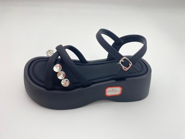 Women black bottomed sandals with rhinestone genuine leather in summer