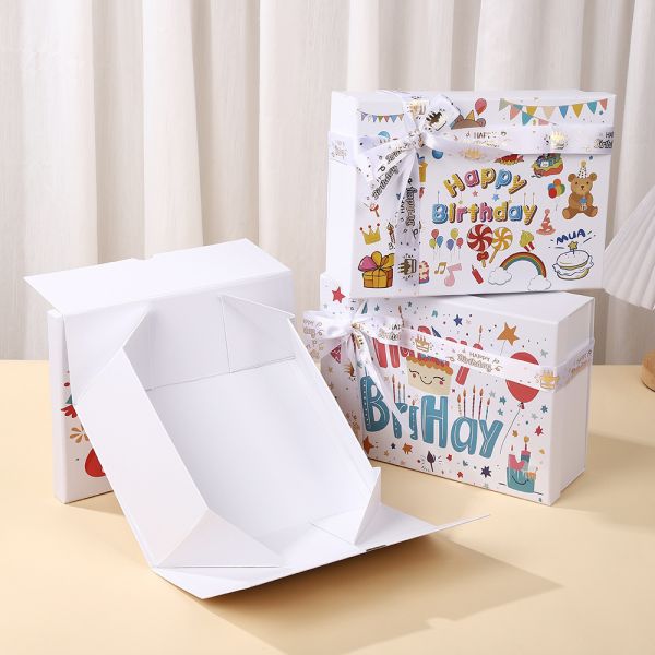 Custom Cartoon-Printed Rigid Birthday Gift Box – One-Piece Hard Paper Packaging With Gold Foil/UV Printing Options