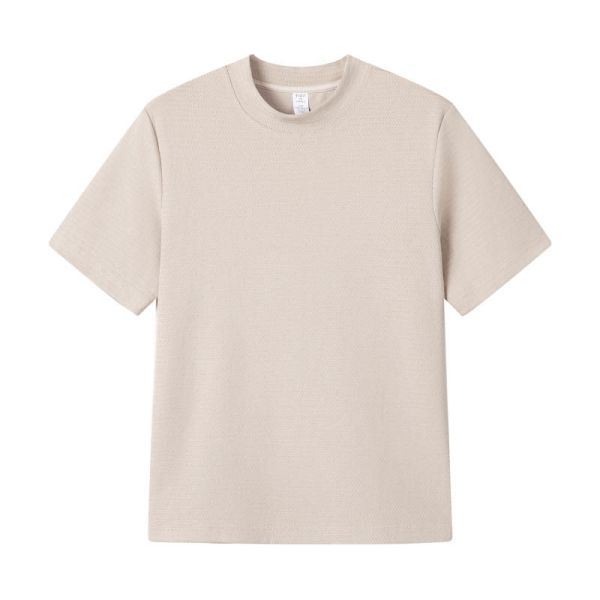 Minimalist Textured Double-Knit Tee Shirt with Relaxed Boxy Fit in Sand Beige