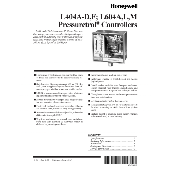 Honeywell Pressuretrol Controller L404F1102 for Industrial Automation with 1 Year Warranty and Original Brand New