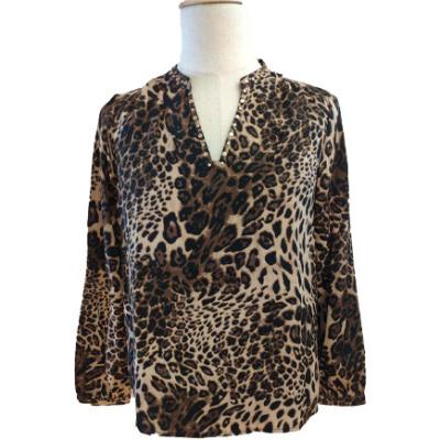 V Neck Leopard Print Long Sleeve Women Casual Blouses