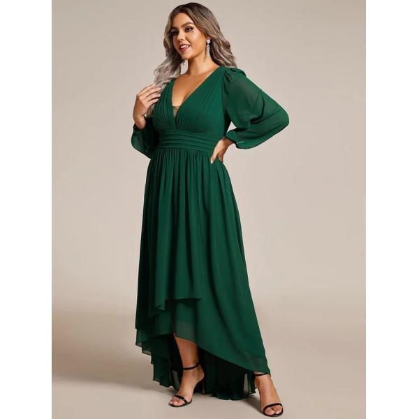V-neck Plus Size Enchanting Lotus Leaf Lantern Sleeve Pleated Empire High Waist A-line Dark Green Chiffon Prom Dress