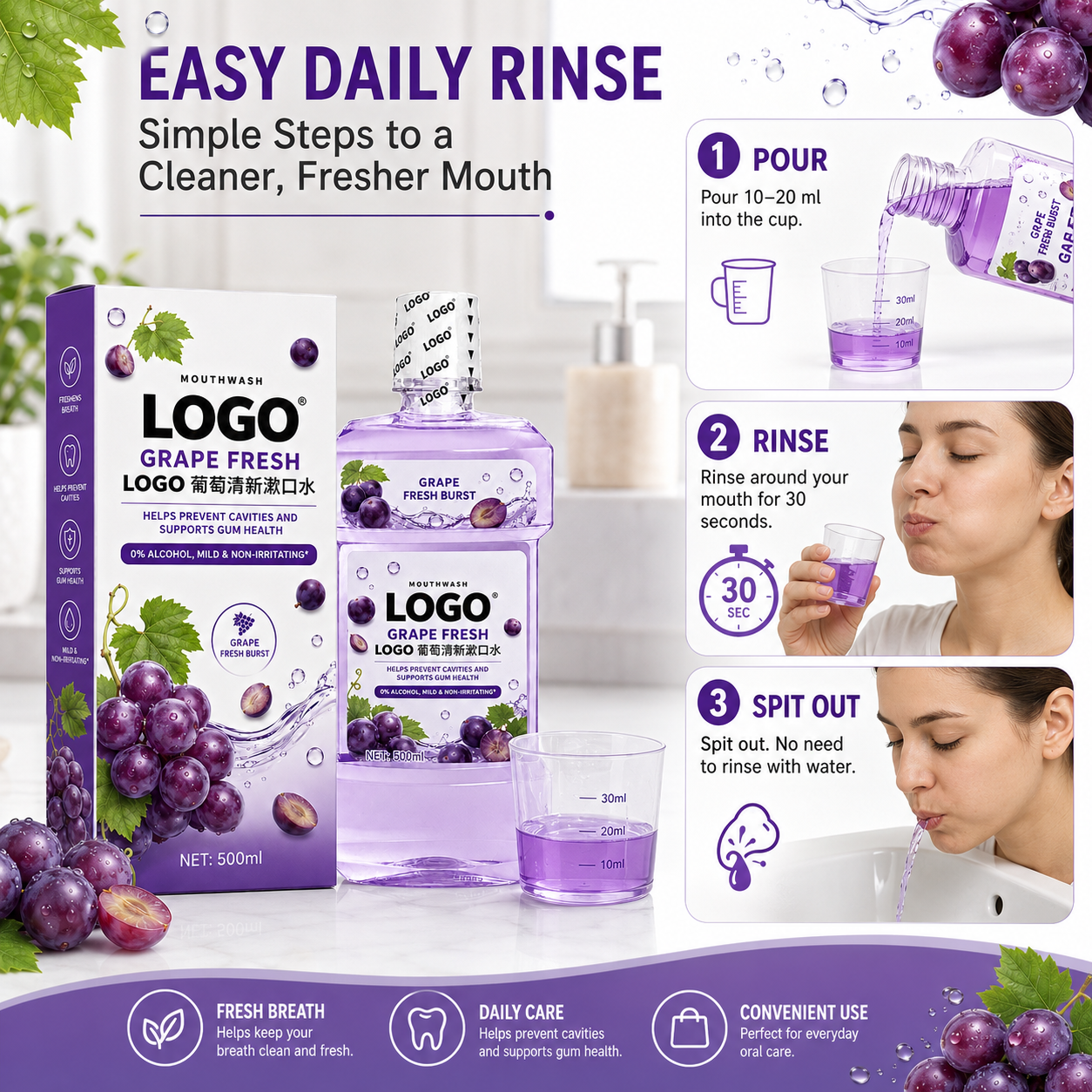 Customized 500ml Household Mouthwash with Grape Flavor Eliminates Odors Maintains Oral Hygiene Mouthwash