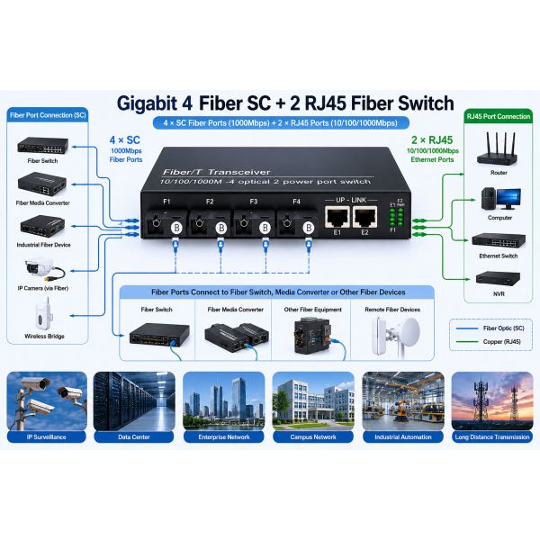 4 Port SC Fiber 2 Port RJ45 Gigabit Ethernet Switch Unmanaged Fiber Network Switch