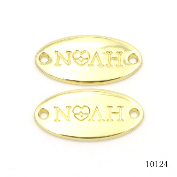 Custom Embossed Oval Two-Hole Metal Logo Tag | Gold Plated Garment & Leather