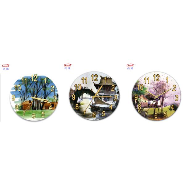 Home Wall Decoration Glass Wall Clock with Scenic Landscape Design and Oil Painting