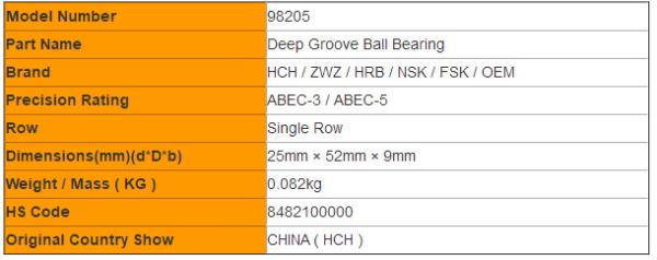 High Speed 98205 98206 98305 Single Row Deep Groove Ball Bearing for Automobile