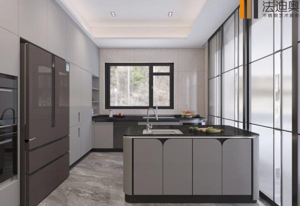 Fadior Muted Gray Stainless Steel Kitchen Cabinet With Galaxy Island