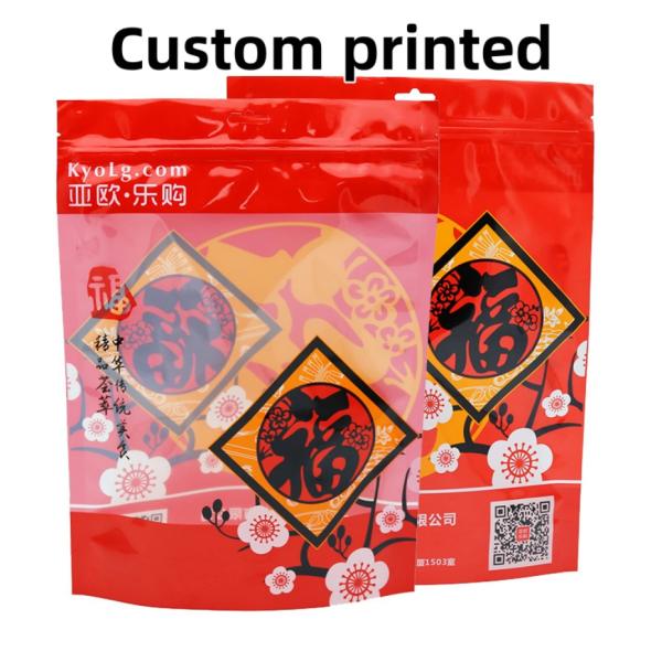 Custom Festive Food Gifts Bags Stand Up Bags With Transparent Windows For Snacks Packaging Bulk Orders Discounts.
