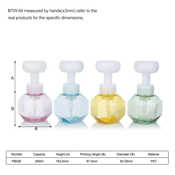 200 мл пластиковая розовая/зеленая/желтая/голубая ромбовая прозрачная бутылка с белым насосом для бутылки с пенным насосом