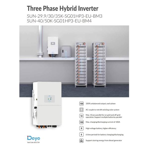 30Kw Deye Solar Inverter Intelligent Air Cooling Three Phase High Voltage Battery Hybrid