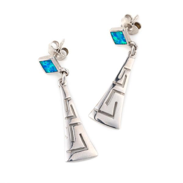 With Sterling Blue Opal Dangle Earrings with Greek Key Unique vintage design Earrings For Women