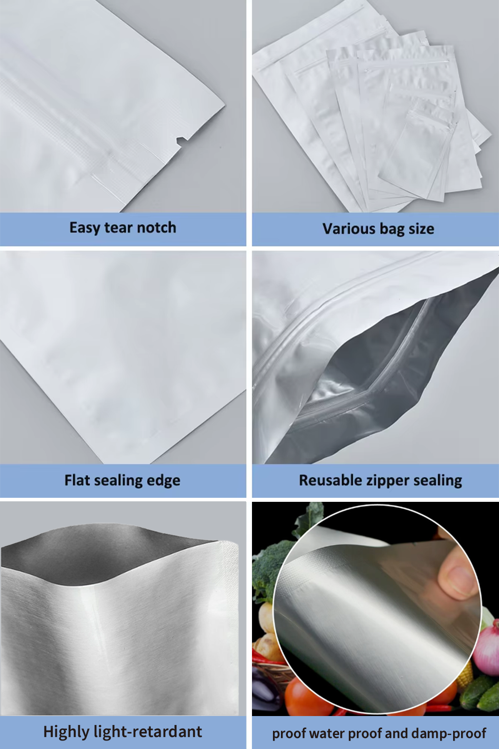 Aluminum Foil Plastic Vacuum Seal Packaging Bag Self Supporting Mylar Bag Custom Order Barrier Silver OEM Packaging Film