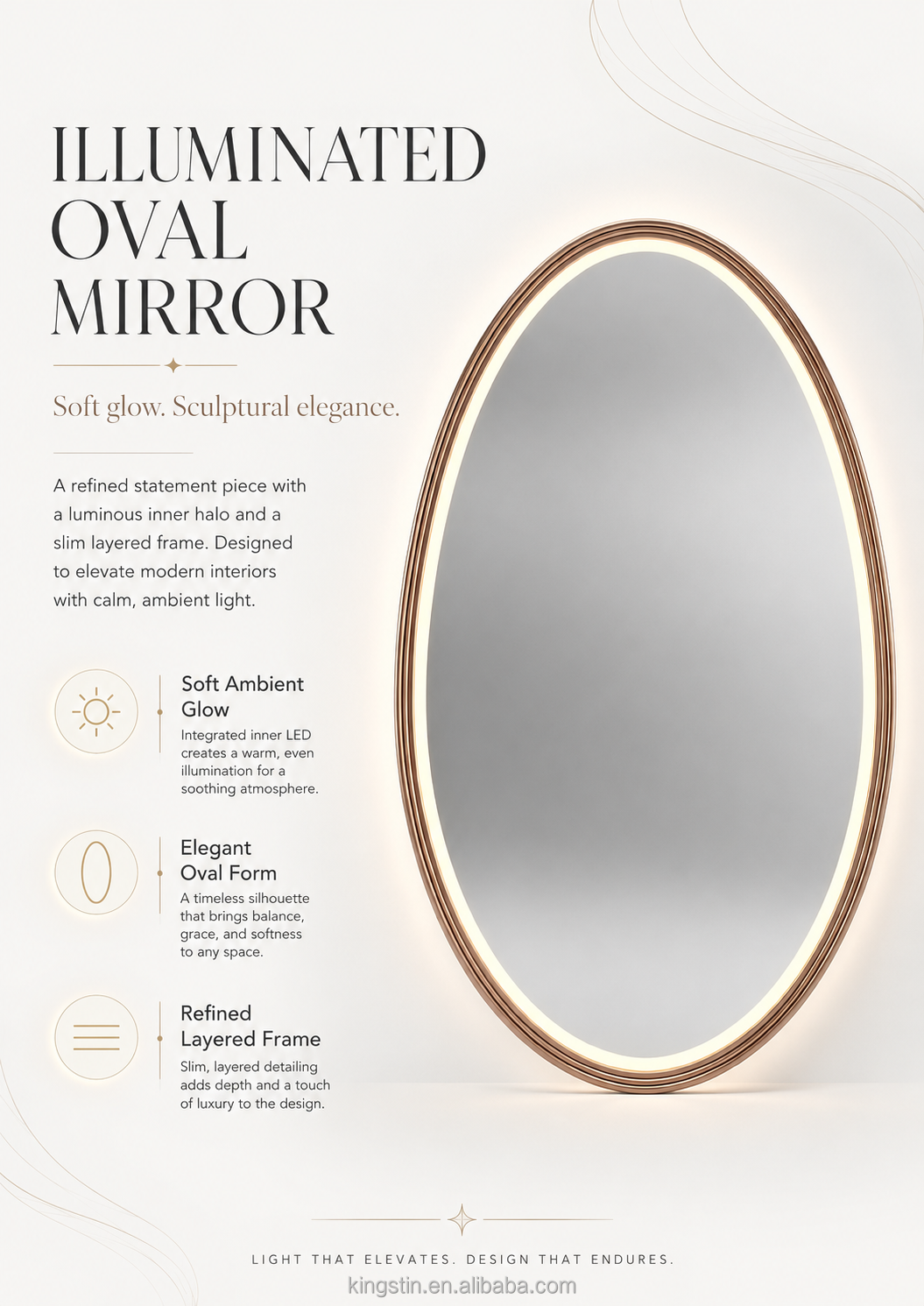 Kingstin LED Smart Bathroom Mirror Water Drop Oval Makeup Mirror Aluminum Frame Touch Anti-Fog Wall Mirror