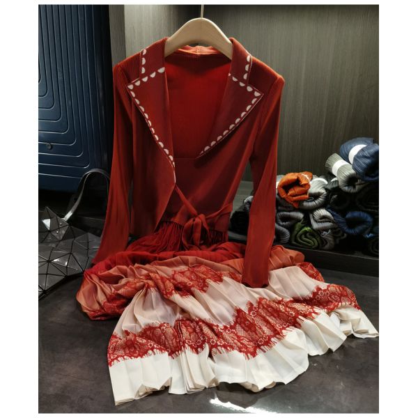Autumn New Elegant Color-Blocking Printed Pleated Faux Two-Piece Dress Plus Size Casual Chiffon Lace Long Sleeves Suit Collar